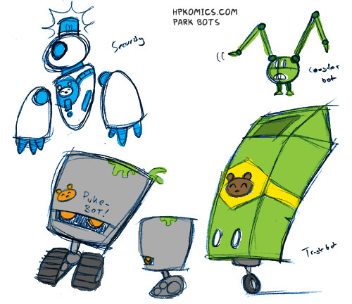 Robot sketches plus proto-Bucketbot.