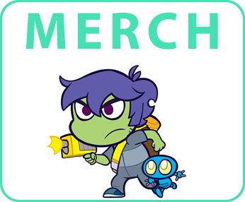 An image depicting chibi versions of two characters below the text "Merch" to advertise the comic merchandise.