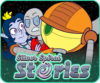 An image advertising the Silver Spiral Stories website - serreven.com - depicting three characters from a comic.